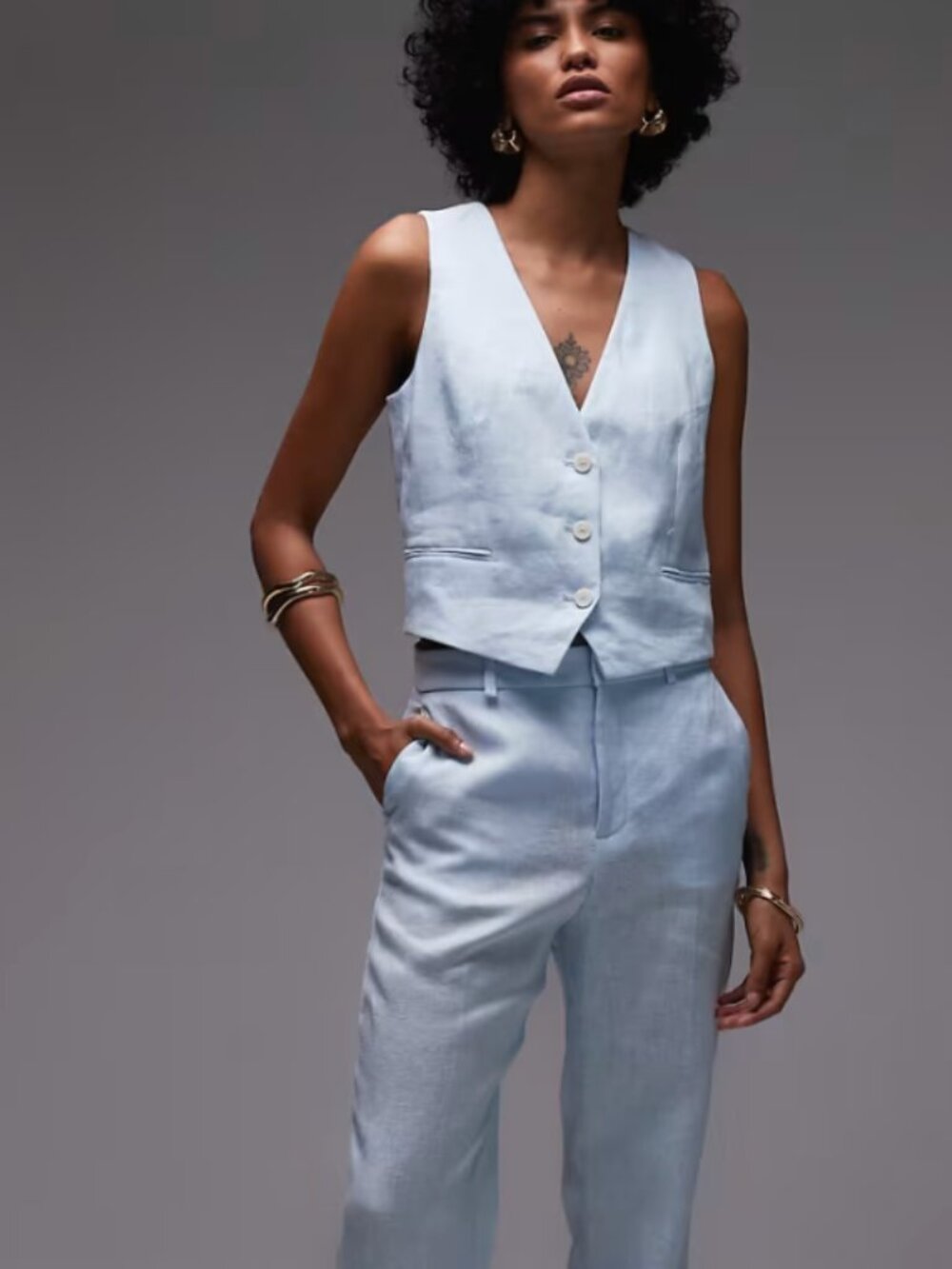 Mango Blue Linen Vest Set